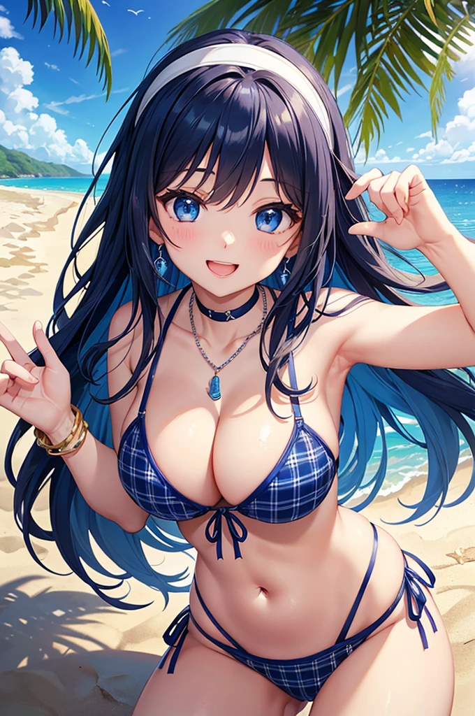 Highest quality、Highest quality、masterpiece、Beauty(Age 25)、Navy blue long hair、blue eyes、Sexy plaid bikini、Big cleavage、(Big Breasts),smile、blue necklace、Blue Earrings、background(Beach)、Please open your mouth wide、White headband、bracelet、Dynamic pose、Blue choker