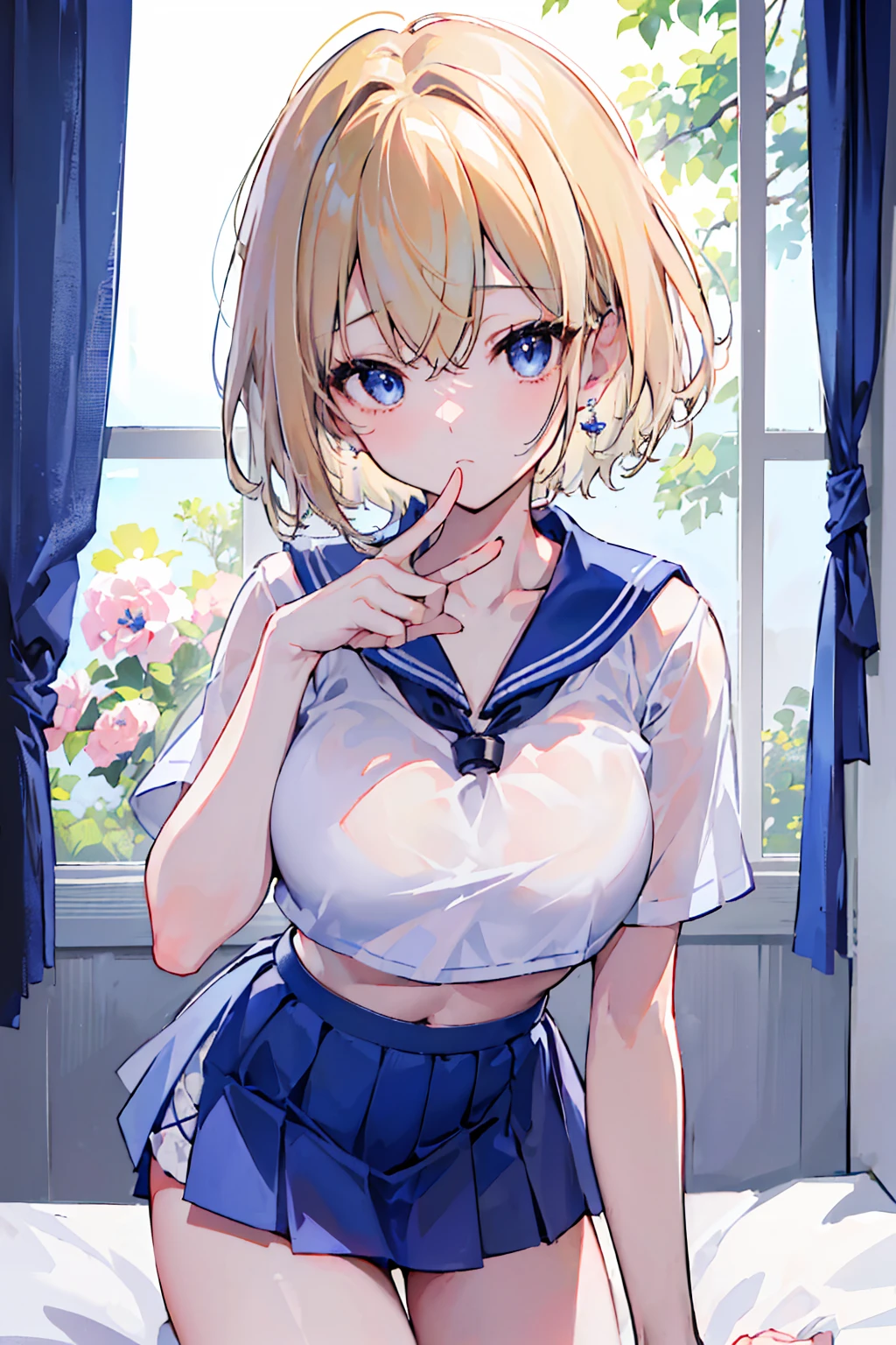 top-quality、Top image quality、masterpiece、girl with, ((20year old、Sailor suit with short sleeves、Black Sports Bra、Blue short skirt、Best Bust、large breasts:1.5、a blond、short hair、blue eyes、open chest wide、Happiness、Black wristband on wrist、A slender、Shy face、earrings、all fours pose,Get closer to your audience、The gesture of pulling up the hair))hiquality、visualart、Romance movie style、Background with, ((her room))、masutepiece、