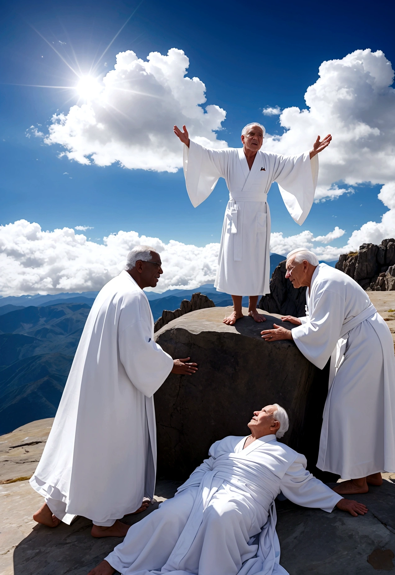 man in white robe, floating radiantly on top of a mountain,  sky with white light background , with two elderly men sitting among clouds, one on the left and the other on the right, while three men look at these three men in the sky prostrate on the ground
