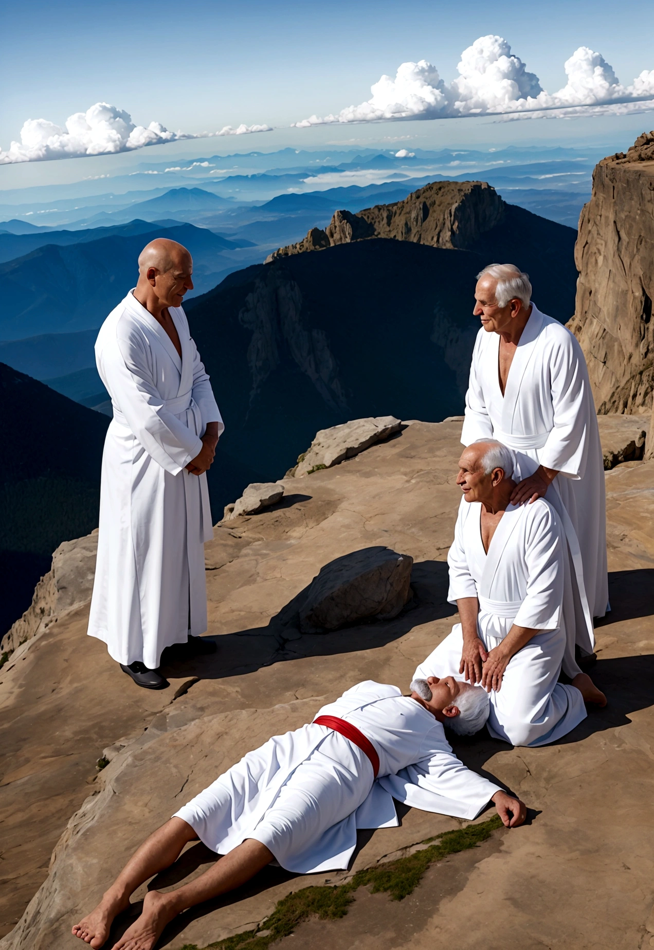 man in white robe, floating radiantly on top of a mountain, sky with white light background , with two elderly men sitting among clouds, one on the left and the other on the right, while three men look at these three men in the sky prostrate on the ground