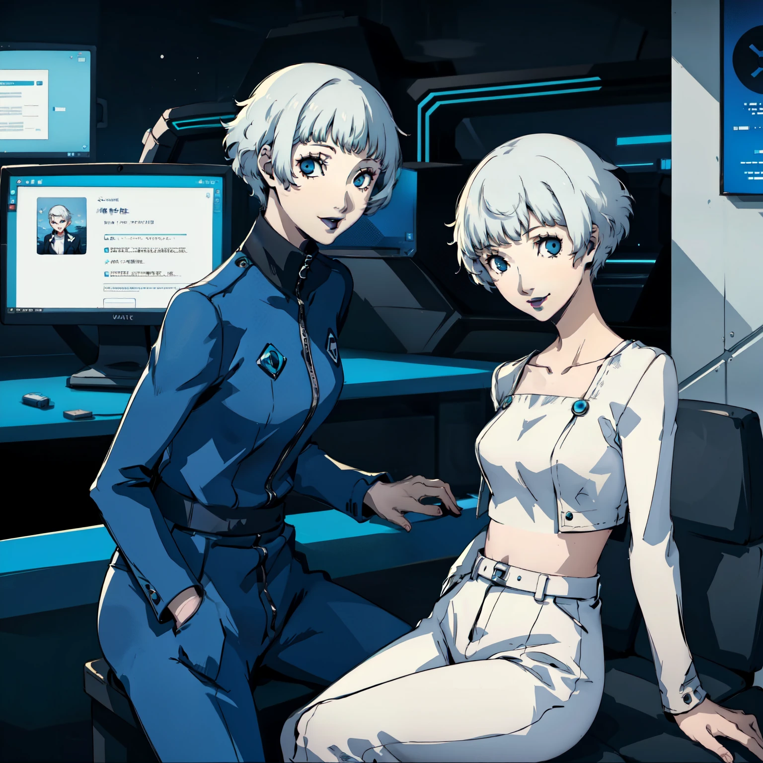 masterpiece, ((best quality)),((1 girl)), blue eyes, black lipstick, white hair, female , tomboy Pixie haircut, deep blue suit, white hair, white hair,smiling,hacker,in the,dark room,sitting,looking monitor,sexy
