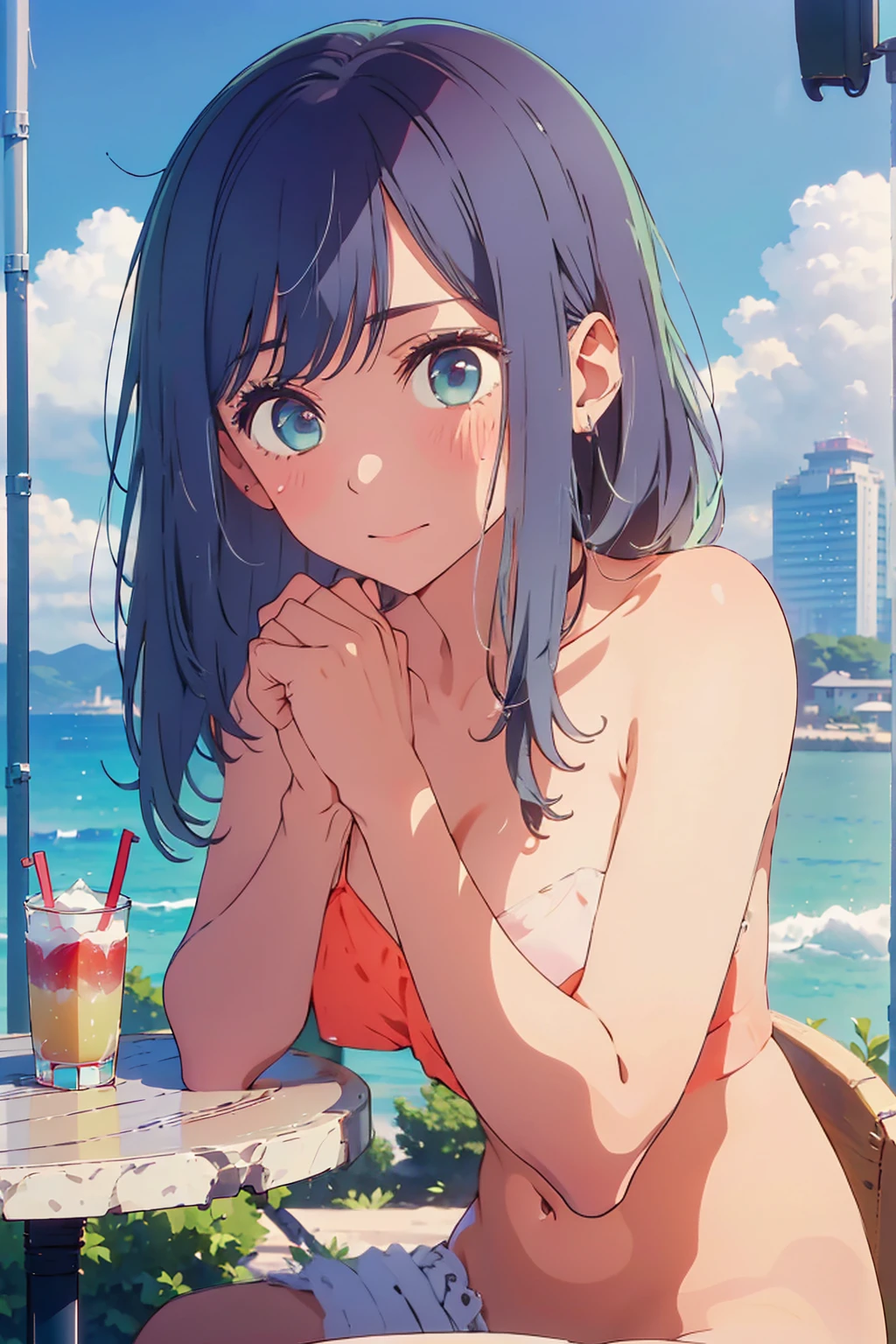 (Highest quality:1.4、8K:1.4、detailed)、F cup bust、Big Breasts、Slim body、Very white beautiful skin、((((1 person、Surprised expression、sit、Chair、In the background are the urban buildings of Tokyo、looking at the camera、Outdoor café terrace、coastal、Navy hair color、juice、Shooting up close、table、Very cute face))))、((((nude))))、(Pose of putting hair behind ears with hands:1.4)、Very blue sky、A completely cloudless sky