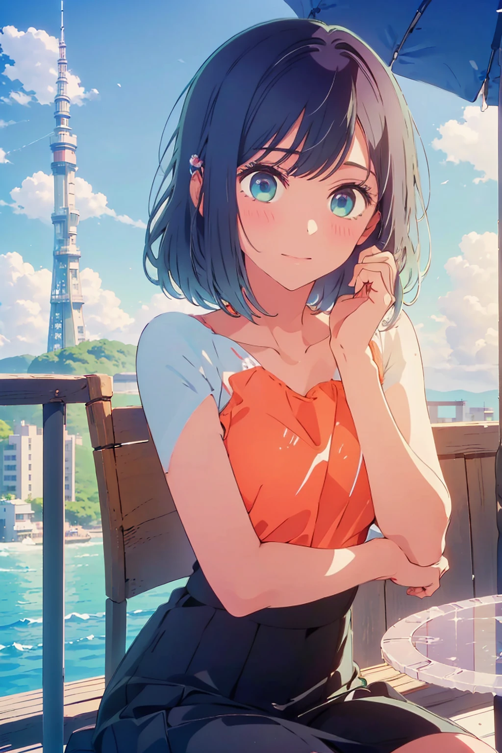 (Highest quality:1.4、8K:1.4、detailed)、F cup bust、Big Breasts、Slim body、Very white beautiful skin、((((1 person、Surprised expression、sit、Chair、In the background are the urban buildings of Tokyo、looking at the camera、Outdoor café terrace、coastal、Navy hair color、juice、Shooting up close、table、Very cute face))))、((((nude))))、(Pose of putting hair behind ears with hands:1.4)、Very blue sky、A completely cloudless sky
