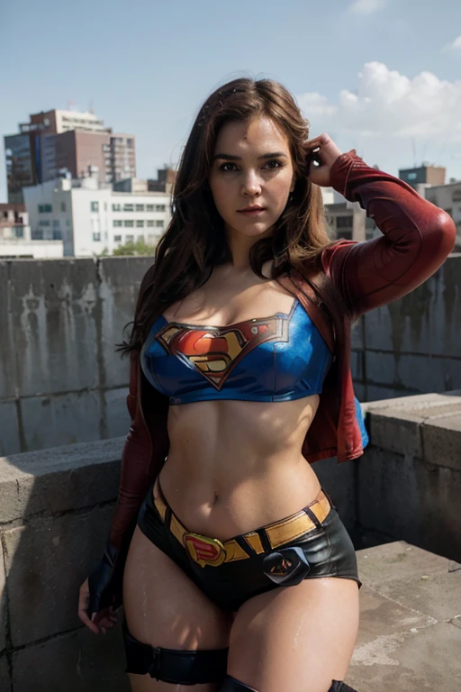 A woman dressed as Superman posing on top of a building., superchica, emma watson as superchica, gal gadot as superchica, superhero body, the super hot and , Alexa Grace, her navel is , second monroe bath-chica, superman pose, amouranth como supervillano, Elizabeth Olsen as Harley Quinn, anime visual of superchica,  movie photo