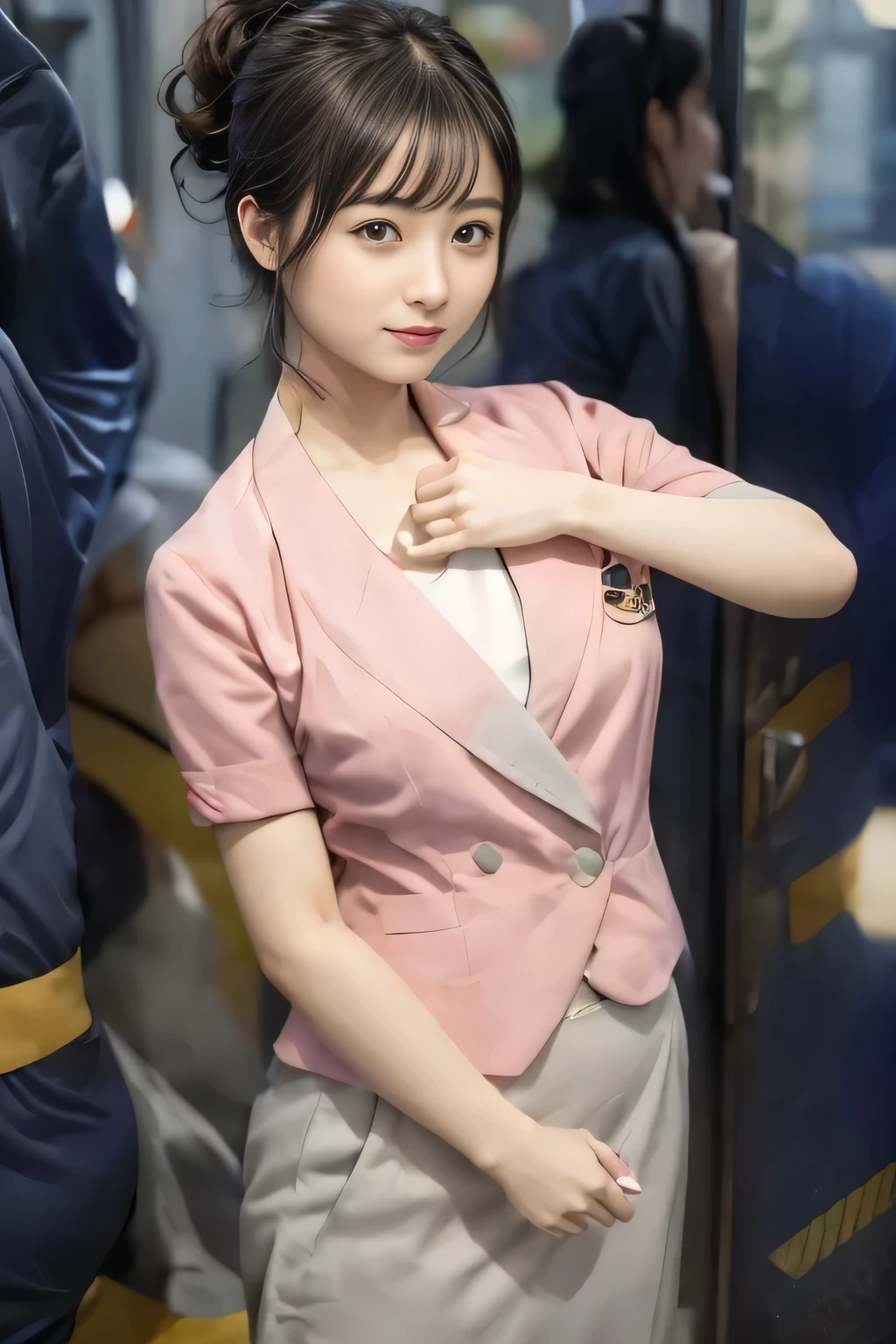 (masterpiece:1.2, Highest quality:1.2), 32k HDR, High resolution, (alone、1 girl)、 (Height: 160cm)、(On the rooftop of a building in the daytime、Professional Lighting)、Building rooftop background、(Nankai train crew uniform pinkを着たリアルスタイル)、(Nankai train crew uniform pink short sleeve collarless pink jacket、Nankai Train Crew Uniform Pink Collarless Short Sleeve Blouse、Nankai Train Crew Uniform Pink Grey Knee-length Culottes)、(The pink jacket is showing from the culottes.)、Dark brown hair、(Hair tied up、Hair tied up、Evening curly hairstyle)、Dark brown hair、Long Shot、Big Breasts、Thin legs、((Great hands:2.0)),((Harmonious body proportions:1.5)),((Normal limbs:2.0)),((Normal finger:2.0)),((Delicate eyes:2.0)),((Normal eyes:2.0)))、smile、(Nankai Train Crew Uniform Pink Grey Knee-length Culottesを見せた美しい歩く姿)、Place your hands around your stomach、Lanyard employee ID card