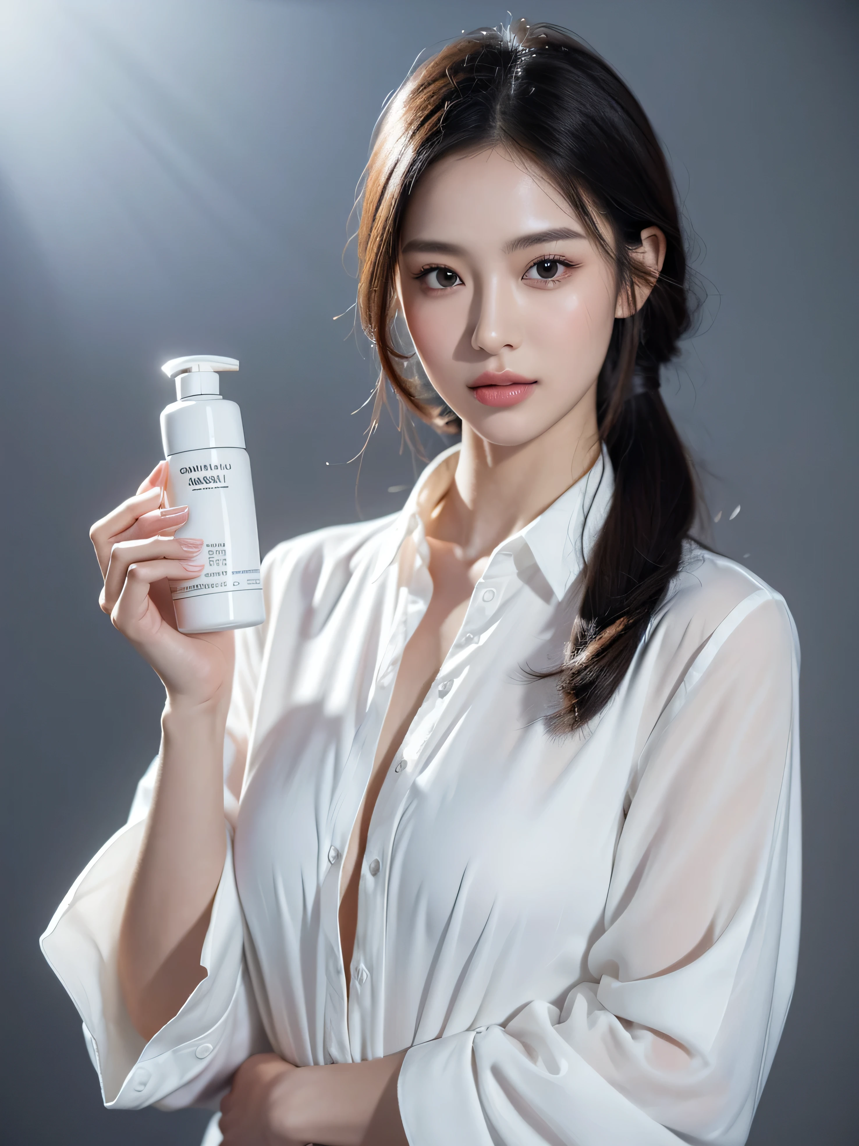 1 female-focused, a beautiful female model has a cosmetic bottle in her hands, wearing white shirt, the model's skin is healthy and clear, and the cosmetics bottle shines luxuriously, skin care, flower, cosmetics commercial photos, clean atmosphere, in the studio, shot on Hasselblad camera, medium format, dramatic lighting, luxury brand cosmetic