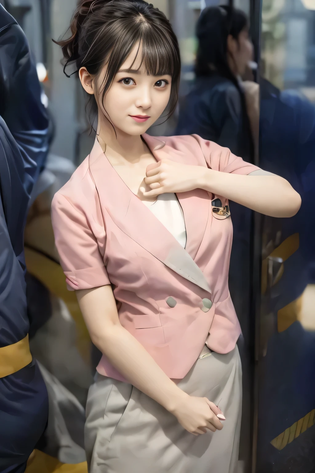(masterpiece:1.2, Highest quality:1.2), 32k HDR, High resolution, (alone、1 girl)、 (Height: 160cm)、(On the rooftop of a building in the daytime、Professional Lighting)、Building rooftop background、(Nankai train crew uniform pinkを着たリアルスタイル)、(Nankai train crew uniform pink short sleeve collarless pink jacket、Nankai Train Crew Uniform Pink Collarless Short Sleeve Blouse、Nankai Train Crew Uniform Pink Grey Knee-length Culottes)、(The pink jacket is showing from the culottes.)、Dark brown hair、(Hair tied up、Hair tied up、Evening curly hairstyle)、Dark brown hair、Long Shot、Big Breasts、Thin legs、((Great hands:2.0)),((Harmonious body proportions:1.5)),((Normal limbs:2.0)),((Normal finger:2.0)),((Delicate eyes:2.0)),((Normal eyes:2.0)))、smile、(Nankai Train Crew Uniform Pink Grey Knee-length Culottesを見せた美しい歩く姿)、Place your hands around your stomach、Lanyard employee ID card