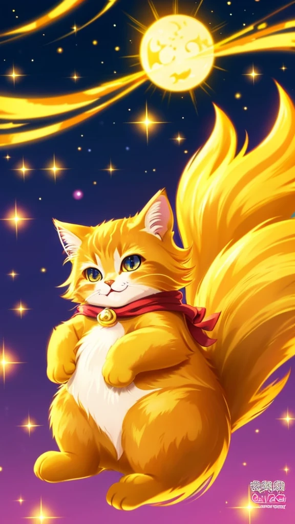 Please draw an anime-style golden cat that brings mystical happiness.