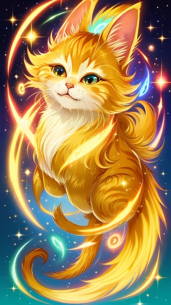 Please draw an anime-style golden cat that brings mystical happiness.