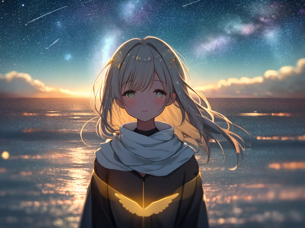girl, (some stars shining in the sky:1.1), (Many glowing sea angels:1.1), Blurred Background, Bokeh, Depth of written boundary, Starry Sky, Far from the city, alone, That's horrible, Desperate, magic, magical, wonderful, Dark shades, mist
