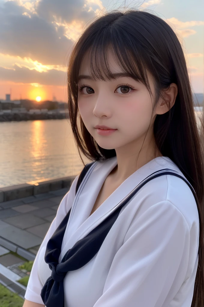 (1 Girl )、(Beautiful Japanese、18years old,round face、Refreshing、clear、seems kind、stylish、Pitiful、cute like an angel、cute、black eyes、,actress,Almond-shaped eyes,Translucent white skin、Beautiful skin), {(Japan human face:1.4)} , (((Beautiful breasts:0.4))),(((soft breasts))),(very cute),(Black hair),(enchanting eyes),(highlight on eyes:1.2)、(8K、Live shooting、highest quality、masterpiece:1.2、optimal lighting)、((masterpiece)),(Photo taken by a professional photographer),(real、photo real:1.4),BREAK,{(cute Japanese high school sailor uniform),((traditional Sailor Suit:1.0))},(cheeks are red:1.3), BREAK, BREAK,Face shot:1.3、 face close-up,Looking at viewer,happy,うれしそうな顔,evening、Japan,evening、sunset、、cumulonimbus,A fresh breeze、Hair swaying in the wind,Sunset,profile,Sandy Beach、笑っている