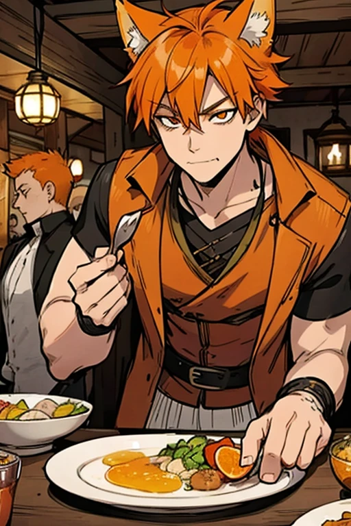 An orange haired fox man with orange eyes and orange fox ears and an orange fox tail in a pirate's outfit is eating dinner at a tavern