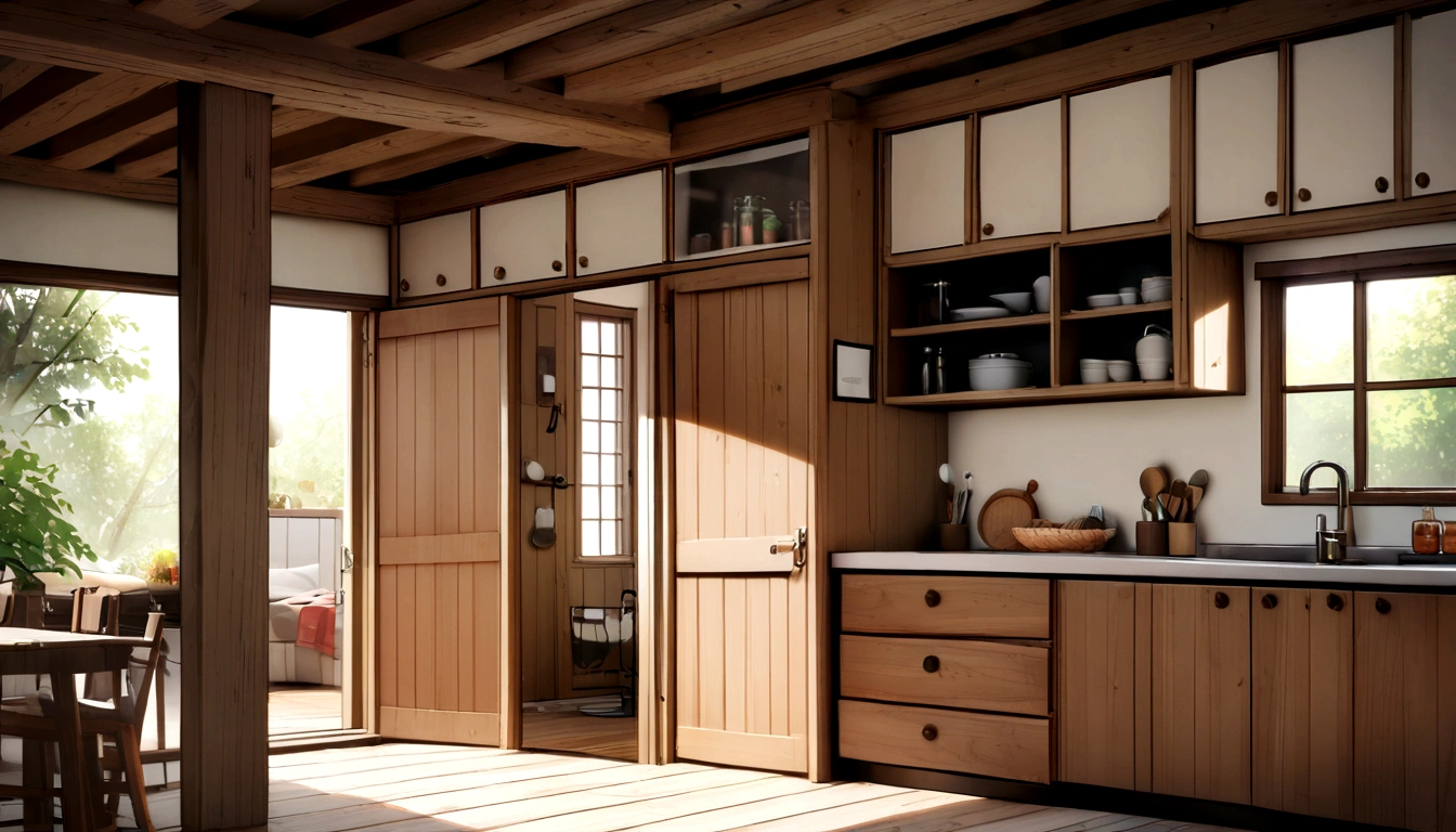 inside wood home with a front door on the left and an entrance to a kitchen on the right slightly run down and good detail