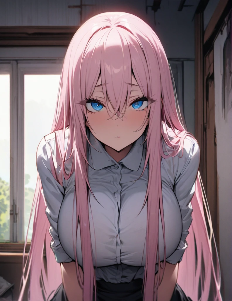 Light pink hair,long hair,Blue eyes,high stature,huge breasts,slender,mental illnesses,downward look,looking at viewer,in house,SFW,perfect,high quality,faultless,