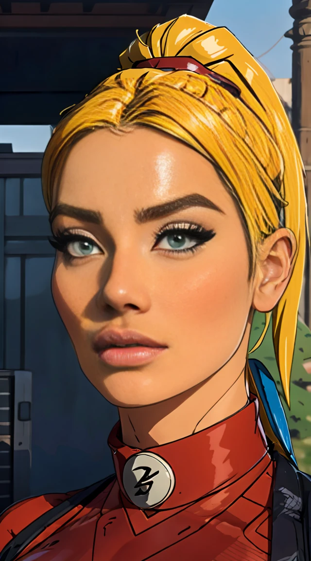 real Life adaption of this character,her name is Tsunade senju from anime naruto ,hyper realistic ,very realistic detailed yellow hair, high resolution, photorealistic,very detailed,very realistic outfit, Japanese face,detailed shining eyes, calm expression,realism,