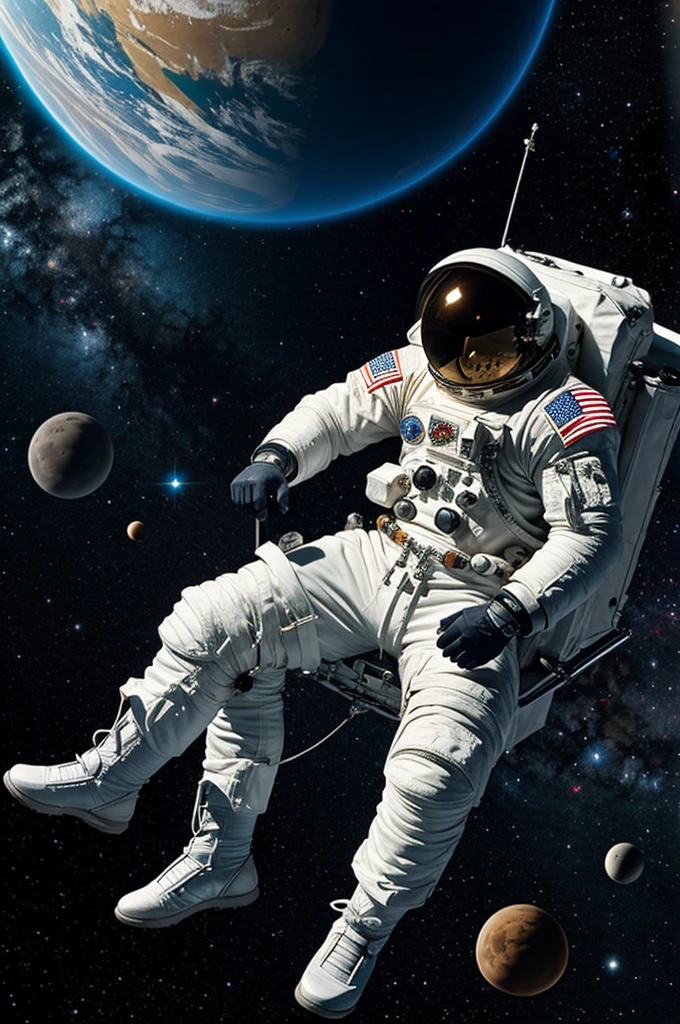 Muscular astronaut sitting in deep space 