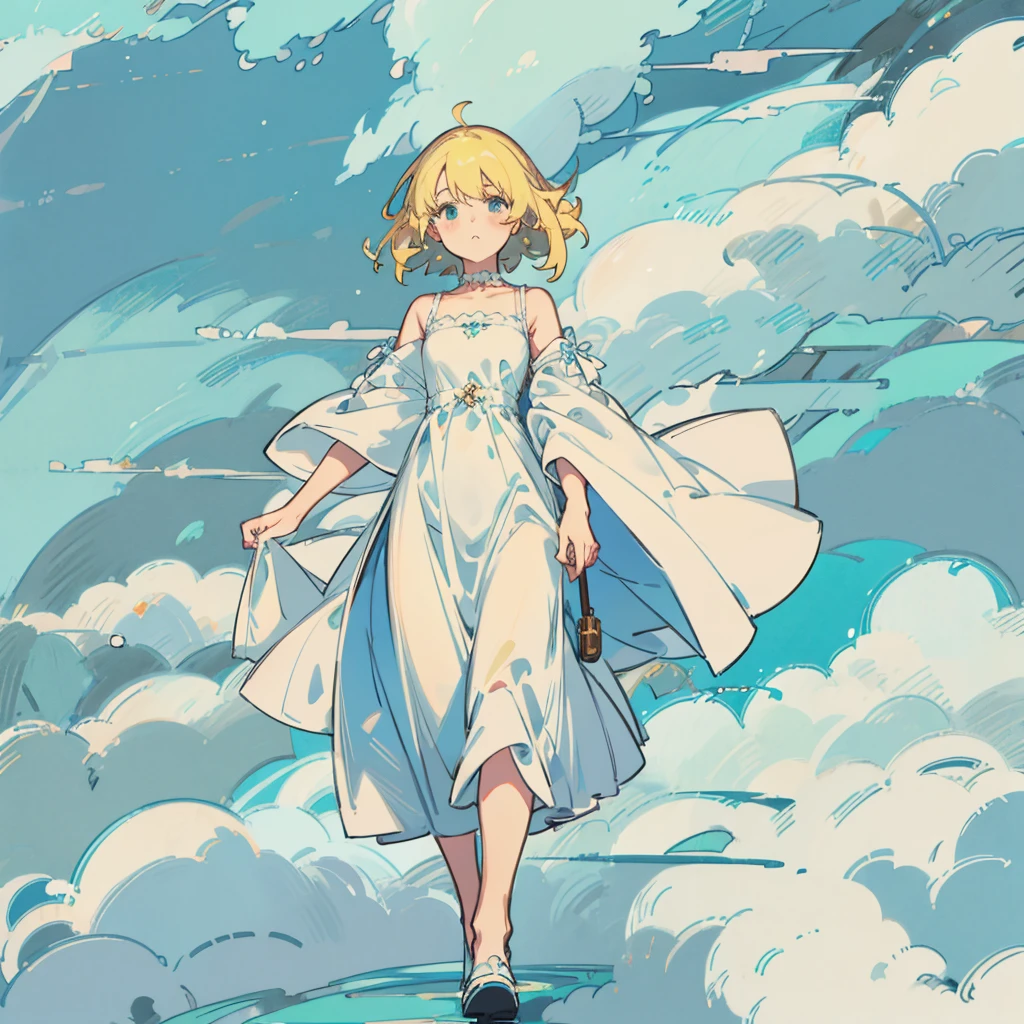 masterpiece、Highest quality、Walking on clouds、White dress、Girl、Blonde、Medium Hair、Wide blue sky、An ennui look