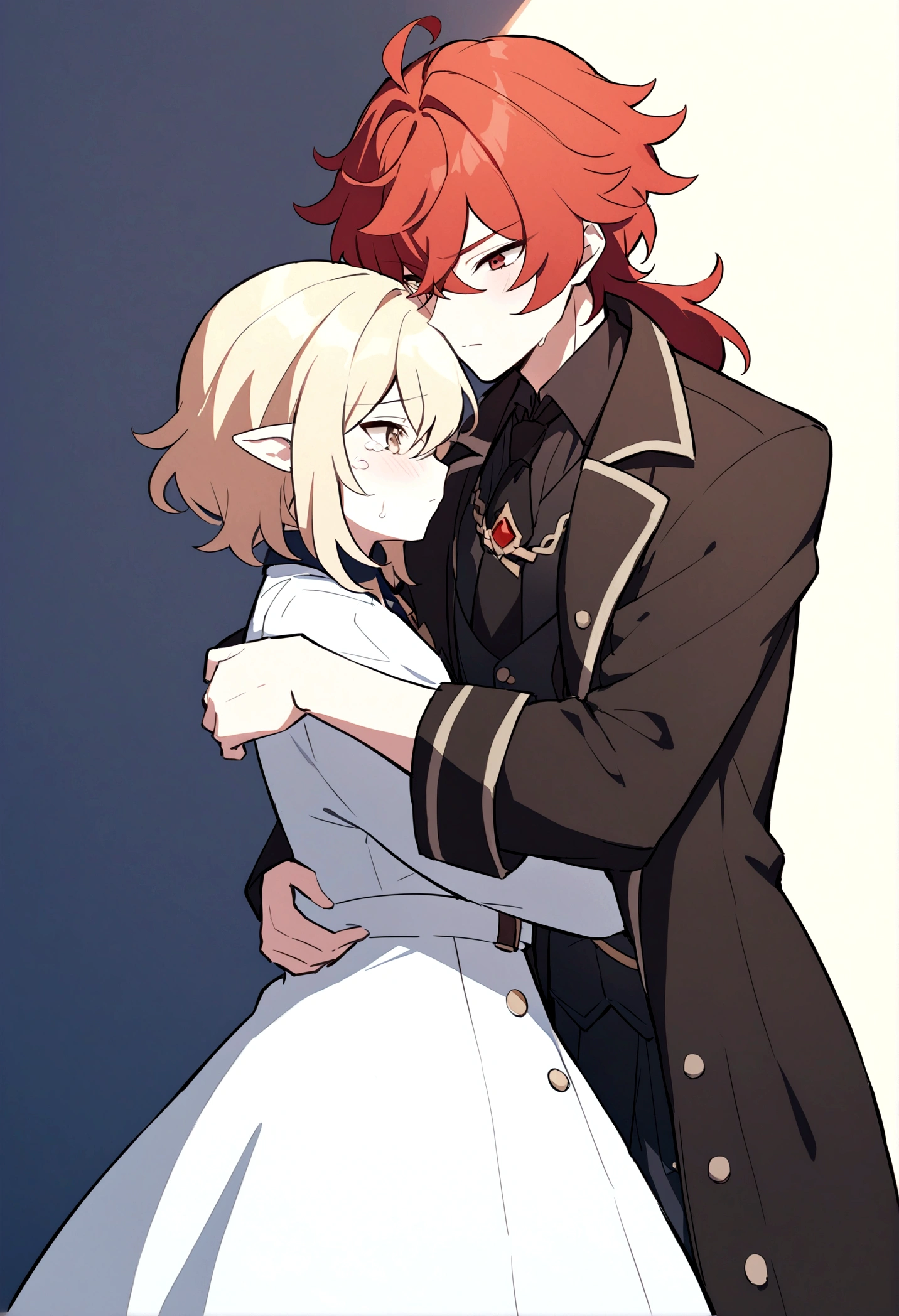 Tignari from the game Genshin impact dressed in a doctor's coat, he hugs Diluc from the game Genshin impact, Diluc is wearing a police chief's uniform, Tignari is crying, his ears droop, hugging Diluc
