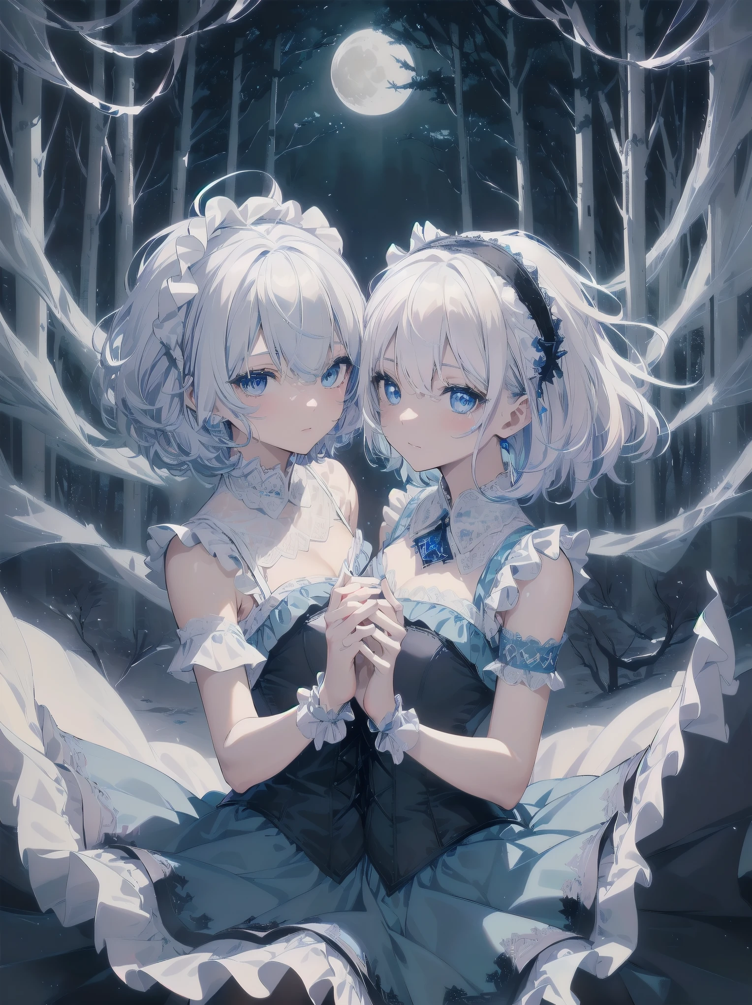 masterpiece、Highest quality、Beautiful expression、Absurd、Extraordinary World、Beauty、solo、Idol、(Cowboy Shot、Light blue ruffle lace long dress、white collar、White Ruffled Cuff、particle:1.5)、(bloom、Shine:1.4)、(Laughter)、(Short white hair、blue eyes:1.7)、Sharp focus、Photorealistic、High resolution、Most detailed、Very detailed、Detailed face and eyes、Sharp pupils、Realistic student、Sharp focus、 Shiny skin、Black Corset、Black pantyhose、(Dark Forest、moon、Dark Background:1.5)、Rim Light、dynamic, Cinema Lighting