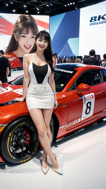 (8K, Ultra-high resolution, Highest quality, Tabletop:1.2),(18-year-old:1.2)、Race Queen、（motor Show）、fellow、Racing Car、Long legs、(Insincere laughter)、(avert your eyes)、8K、Japanese girl's life々Beautiful portrait、Photorealistic、Ultra-high resolution、Highest quality、 (Big Breasts:1.5, Cleavage:1.8),(High leg)、Earrings、(((Vinyl  Costume)))、(Laotex)、Shiny Costumes、(From below:1.2)、(Makuhari Messe)、(((Toyota、Nissan、Honda、ＢＭＷ，Audi、ford, wait.)))、Stand next to the car、Arms crossed、( shot:1.8)、(High-end cafe:1.4) break (Natural skin texture、Detailed skin、Hyperrealism、Ultra Sharpness)、Intricate details、Depth of written boundary、Dim lighting、Korean Idol、Nogizaka Idol、Gravure idol pose、Fashion model posing