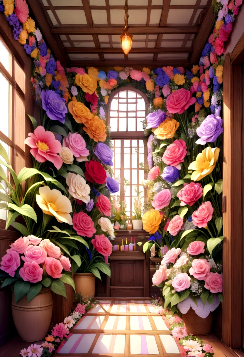 Birthday party decoration with pastell colorfull various giant flower made of crepe paper, room is fully decorated by flower, the room is in family room, room is full with flower, flower garden decorated room, giant standing flower with leaves