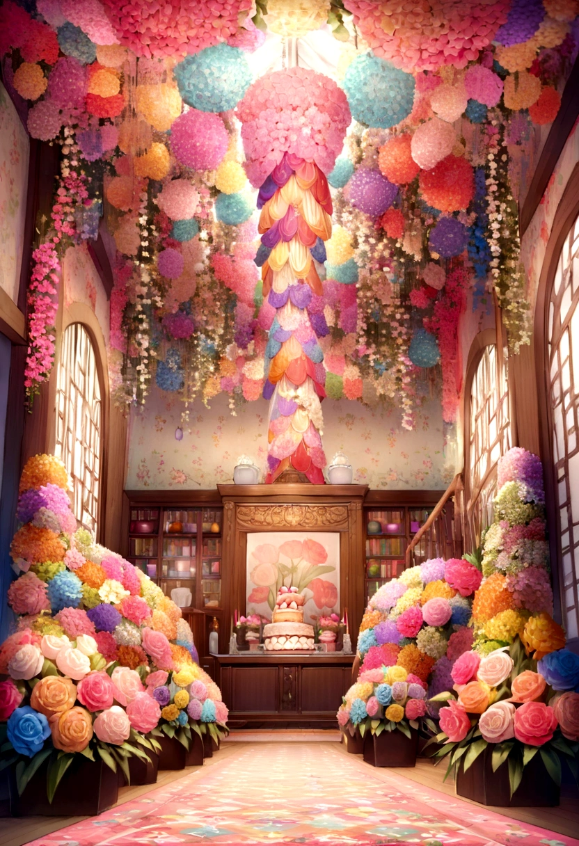 Birthday party decoration with pastell colorfull various giant flower made of crepe paper, room is fully decorated by flower, the room is in family room, room is full with flower, flower garden decorated room, giant standing flower with leaves
