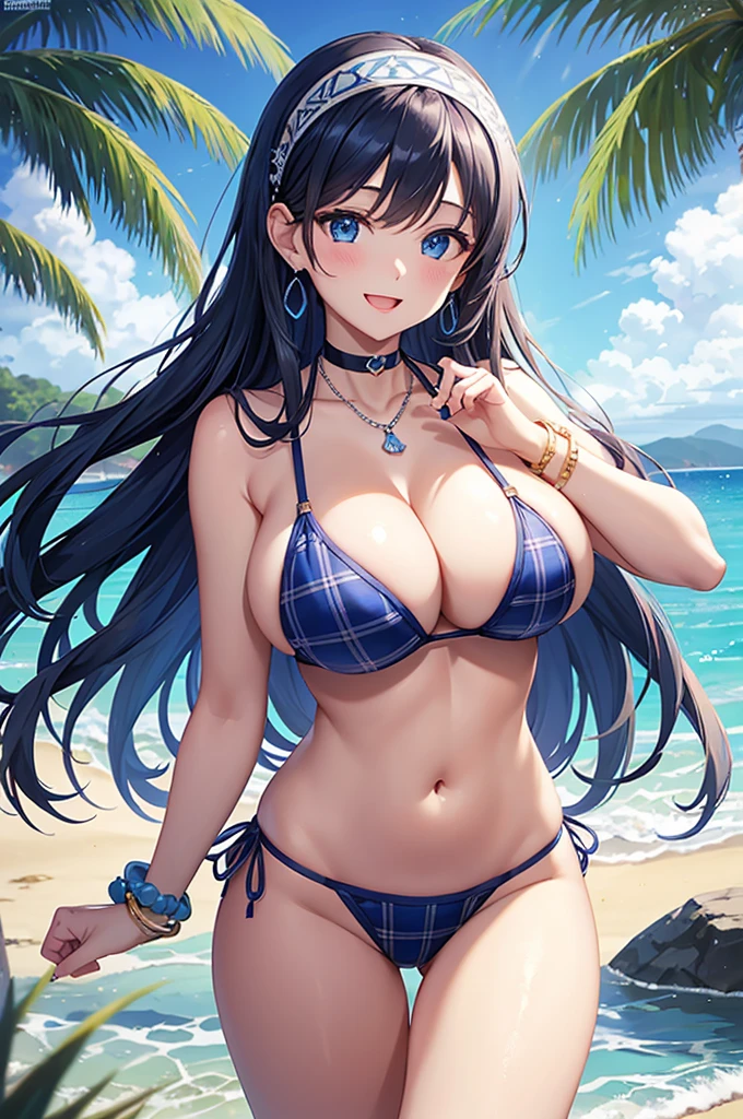 Highest quality、Highest quality、masterpiece、Beauty(Age 25)、Navy blue long hair、blue eyes、Sexy plaid bikini、Big cleavage、(Big Breasts),smile、blue necklace、Blue Earrings、background(Beach)、Please open your mouth wide、White headband、bracelet、Dynamic pose、Blue choker