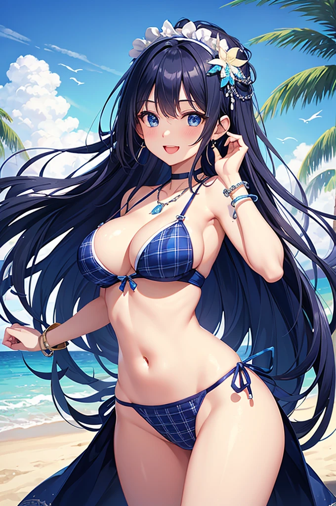 Highest quality、Highest quality、masterpiece、Beauty(Age 25)、Navy blue long hair、blue eyes、Sexy plaid bikini、Big cleavage、(Big Breasts),smile、blue necklace、Blue Earrings、background(Beach)、Please open your mouth wide、White headband、bracelet、Dynamic pose、Blue choker