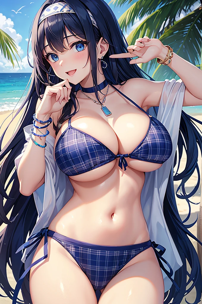 Highest quality、Highest quality、masterpiece、Beauty(Age 25)、Navy blue long hair、blue eyes、Sexy plaid bikini、Big cleavage、(Big Breasts),smile、blue necklace、Blue Earrings、background(Beach)、Please open your mouth wide、White headband、bracelet、Dynamic pose、Blue choker