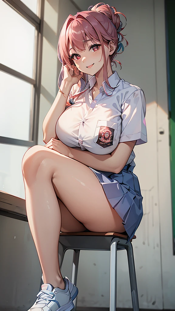 1 woman, , (updo, blue and pink hair), plump body, red eyes, Indonesian high-school uniform, (white transparent shirt), osis logo on shirt pocket, big breasts, light-grey pleated skirt, sitting on a chair, seductive pose, full body shot, smiling, in the classroom.