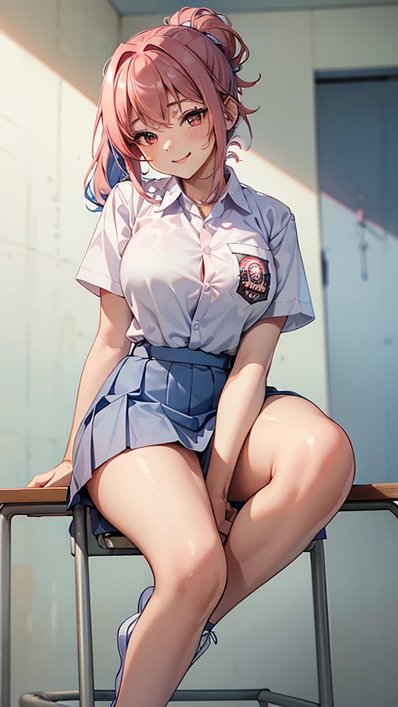 1 woman, s old, (updo, blue and pink hair), plump body, red eyes, Indonesian high-school uniform, (white transparent shirt), osis logo on shirt pocket, big breasts, light-grey pleated skirt, sitting on a chair, seductive pose, full body shot, smiling, in the classroom.
