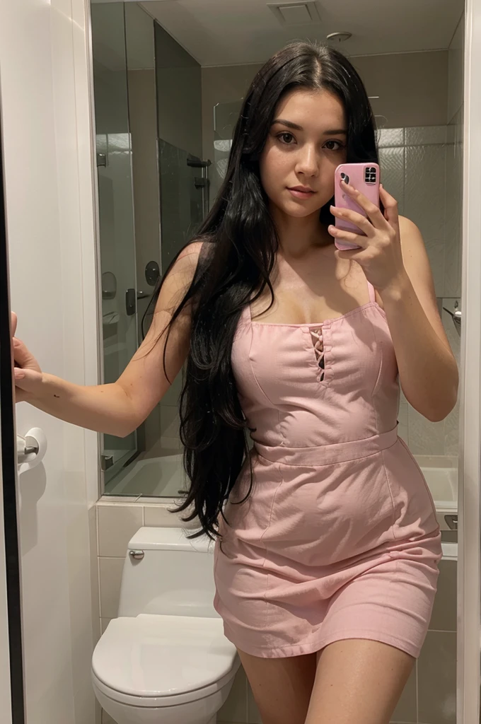 white women, long black hair, in a pink dress, taking a selfie in the bathroom