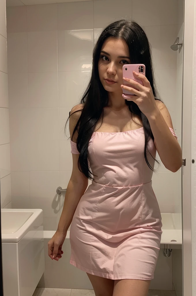 white women, long black hair, in a pink dress, taking a selfie in the bathroom