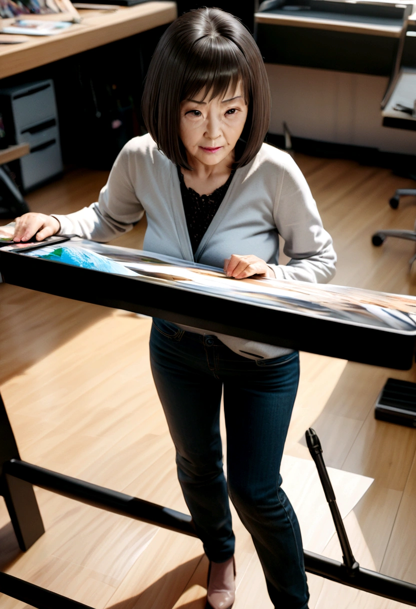 (whole body), (Are standing), 40 year old woman looking at the camera, Short Bob Cut Hair, Beautiful face in every detail, Action Shots, Empty office background, Daytime, Photo Real, CG, Art Station, masterpiece, HD Photos