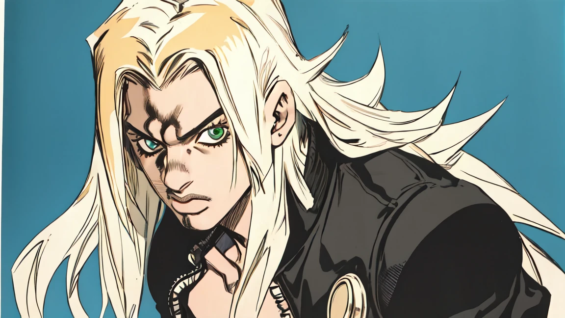 ((Hirohiko Araki style)), One male, lion ears, long hair, blond, blond hair, green eyes, tall, muscular, bomber jacket, beautiful face, ((highest quality)), ((masterpiece)), 2d, ((anime)), (perfect face), ((highest detail)), feline eyes, stubble, lion tail, wavy hair, cowboy shot, detailed face, intricate details, (paisley background), ((solo)), relaxed expression,guitarist