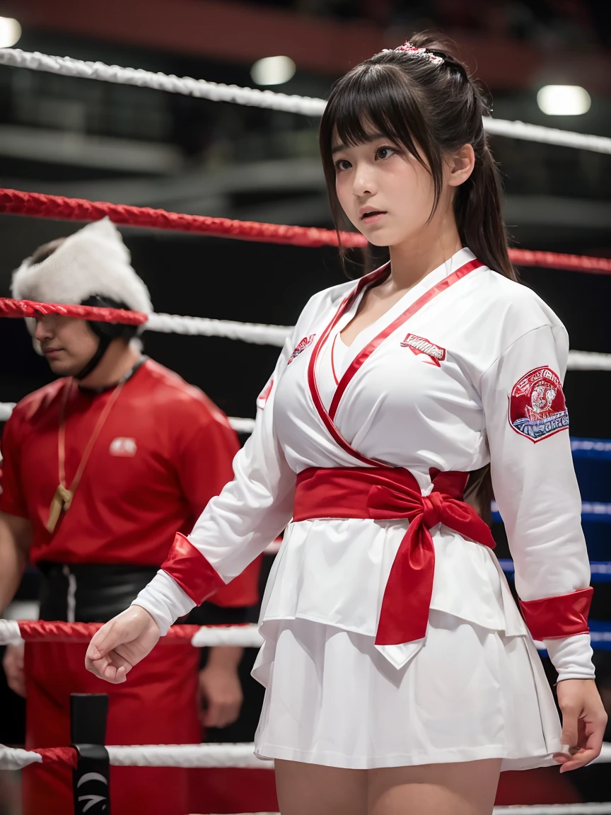 ((highest quality, 8K, masterpiece :1.3)), Beautiful Japanese girl in her early teens、Professional wrestler costumes、リングロープにボンテージ、Pain and gasping、A regretful look、Tears