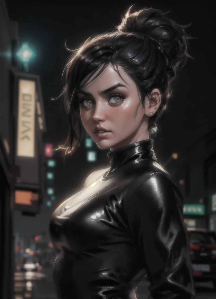 anamr, shopping mall, messy hair, bun, realistic, perfect skin, looking at viewer, full body, black acoaL leggings, glow effects, godrays, dark atmosphere, 4k ultra detailed, cinematic, Sharp focus, concept art, trending on artstation