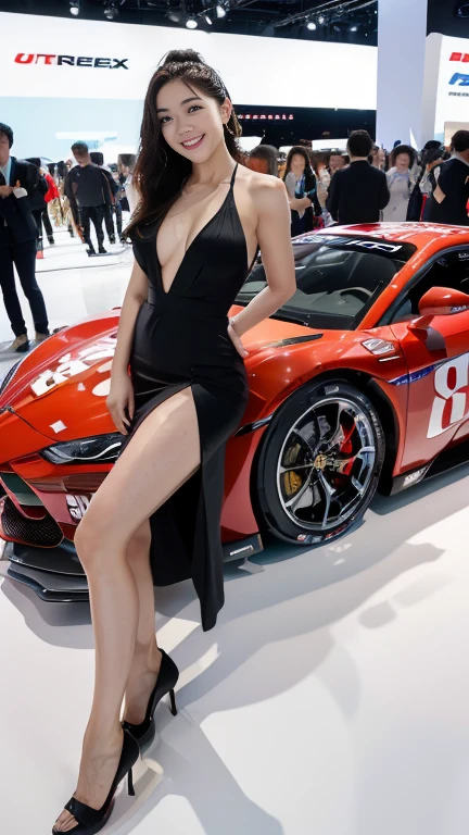 (8K, Ultra-high resolution, Highest quality, Tabletop:1.2),(18-year-old:1.2)、Race Queen、（motor Show）、fellow、Racing Car、Long legs、(Insincere laughter)、(avert your eyes)、8K、Japanese girl's life々Beautiful portrait、Photorealistic、Ultra-high resolution、Highest quality、 (???????????:1.5, Cleavage:1.8),(High leg)、Earrings、(((Vinyl Mini Skirt Costume)))、(Laotex)、Shiny Costumes、(From below:1.2)、(Makuhari Messe)、(((Toyota、Nissan、Honda、ＢＭＷ，Audi、ford, wait.)))、Stand next to the car、Arms crossed、(????? shot:1.8)、(High-end cafe:1.4) break (Natural skin texture、Detailed skin、Hyperrealism、Ultra Sharpness)、Intricate details、Depth of written boundary、Dim lighting、Korean Idol、Nogizaka Idol、Gravure idol pose、Fashion model posing