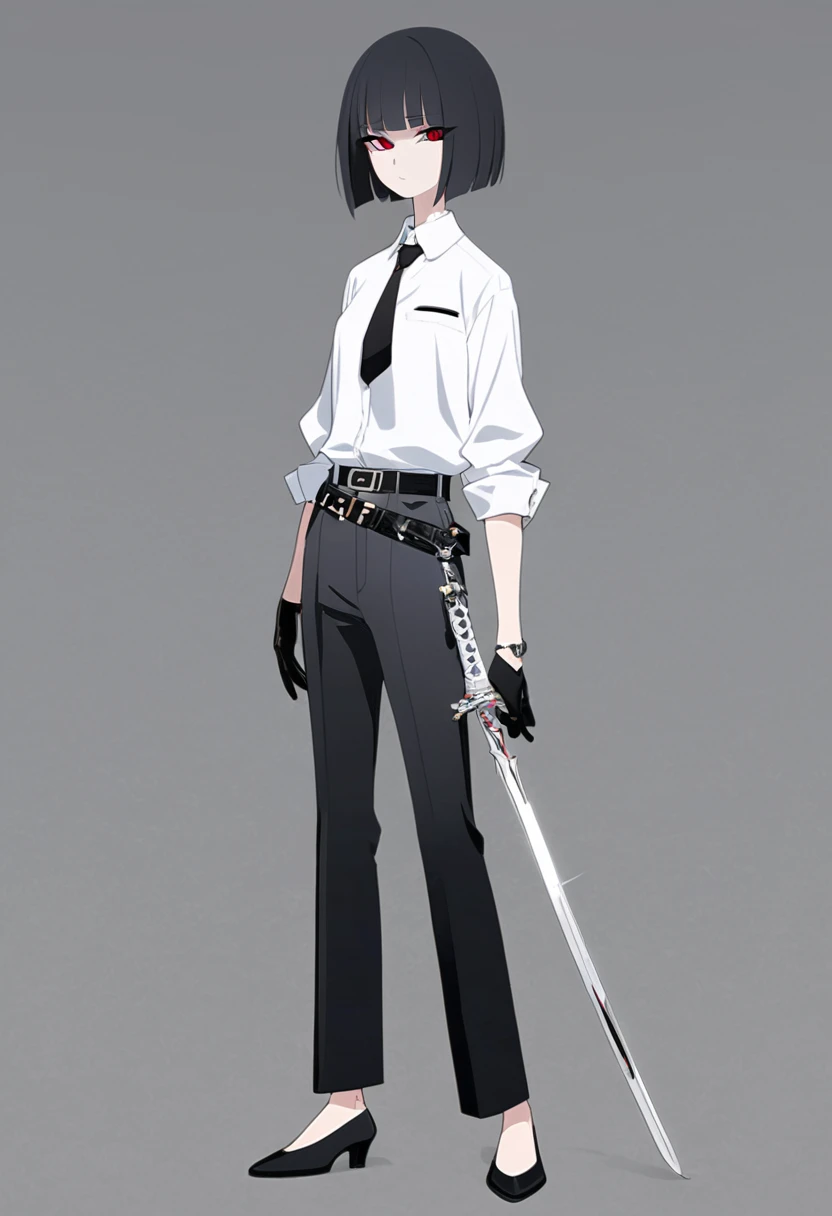 One woman,Dynamic,whole body,Are standing,mysterious,Concept Art,Character Design,Jet black straight hair,The bangs are trimmed to accentuate the eyes.,Well-proportioned face,Sharp Eyes,White shirt,Black tie,Black slacks,Silver cufflinks on the left hand,On the ring finger of her right hand she wears a simple silver ring.。Luxury watches,Black leather shoes,beltでウエストラインを強調,Stylish,Red eyes,belt,Stylish,Simple background gray,Details,Okabo Hair,Half-open eyes,Cool appearance,,Black gloves,Short Hair,Narrow eyes,Accentuated body lines,Has a sword on his waist,