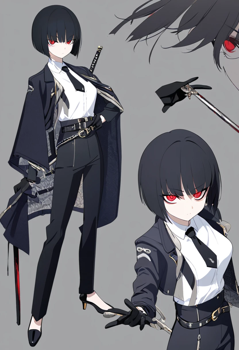 One woman,Dynamic,whole body,Are standing,mysterious,Concept Art,Character Design,Jet black straight hair,The bangs are trimmed to accentuate the eyes.,Well-proportioned face,Sharp Eyes,White shirt,Black tie,Black slacks,Silver cufflinks on the left hand,On the ring finger of her right hand she wears a simple silver ring.。Luxury watches,Black leather shoes,beltでウエストラインを強調,Stylish,Red eyes,belt,Stylish,Simple background gray,Details,Okabo Hair,Half-open eyes,Cool appearance,,Black gloves,Short Hair,Narrow eyes,Accentuated body lines,Has a sword on his waist,