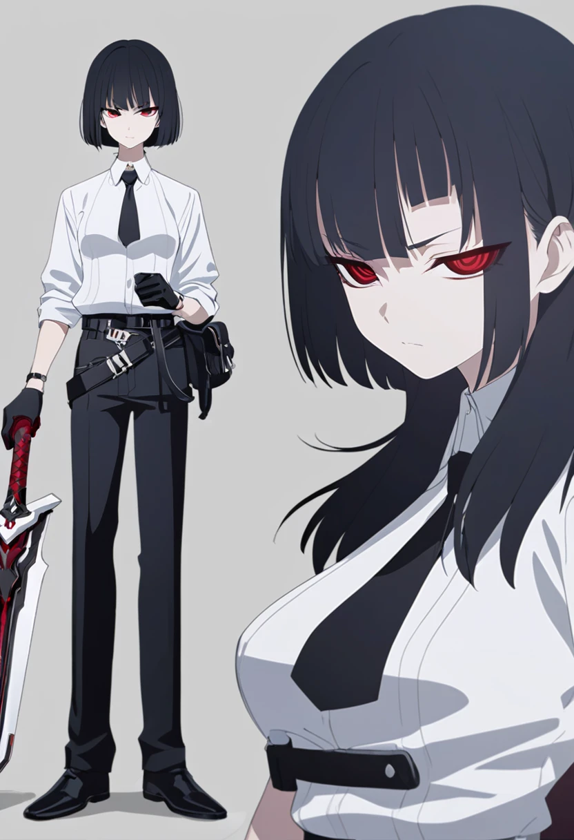 One woman,Dynamic,whole body,Are standing,mysterious,Concept Art,Character Design,Jet black straight hair,The bangs are trimmed to accentuate the eyes.,Well-proportioned face,Sharp Eyes,White shirt,Black tie,Black slacks,Silver cufflinks on the left hand,On the ring finger of her right hand she wears a simple silver ring.。Luxury watches,Black leather shoes,beltでウエストラインを強調,Stylish,Red eyes,belt,Stylish,Simple background gray,Details,Okabo Hair,Half-open eyes,Cool appearance,,Black gloves,Short Hair,Narrow eyes,Accentuated body lines,Has a sword on his waist,