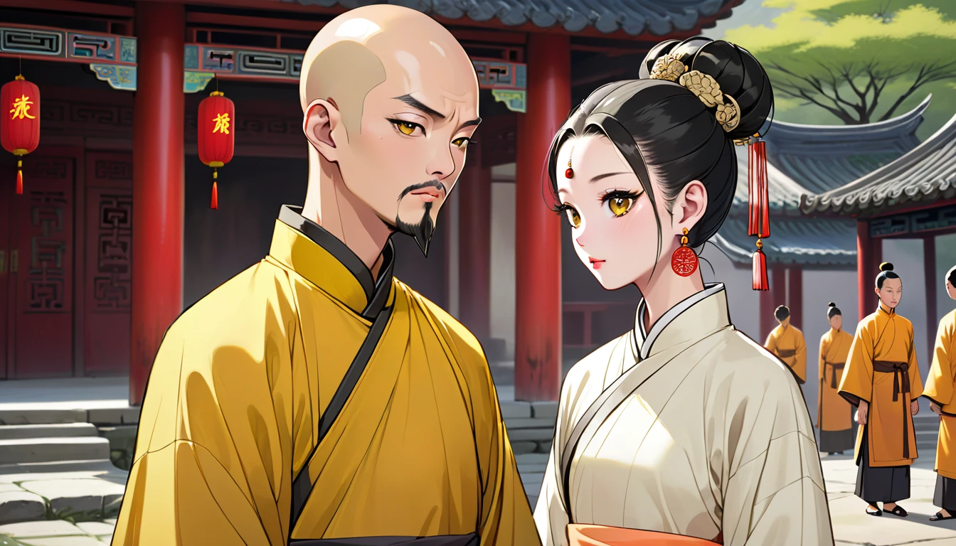 A middle-aged monk named Ken，square face，olive skin，black eyes，bald，goatee，There is a scar on the forehead，Wearing an earthy yellow traditional Chinese cassock，Black cloth shoes，1 young Chinese woman named Amy,Melon seed face,Fair complexion，Hair color: black，hairstyle: Straight Hair（High bun），headgear: White crown，earring: white earrings，Wearing white traditional Chinese clothing,decorate:white necklace.white bracelet。Ken looked at Amy's leaving figure,A solemn expression。Long distance shooting