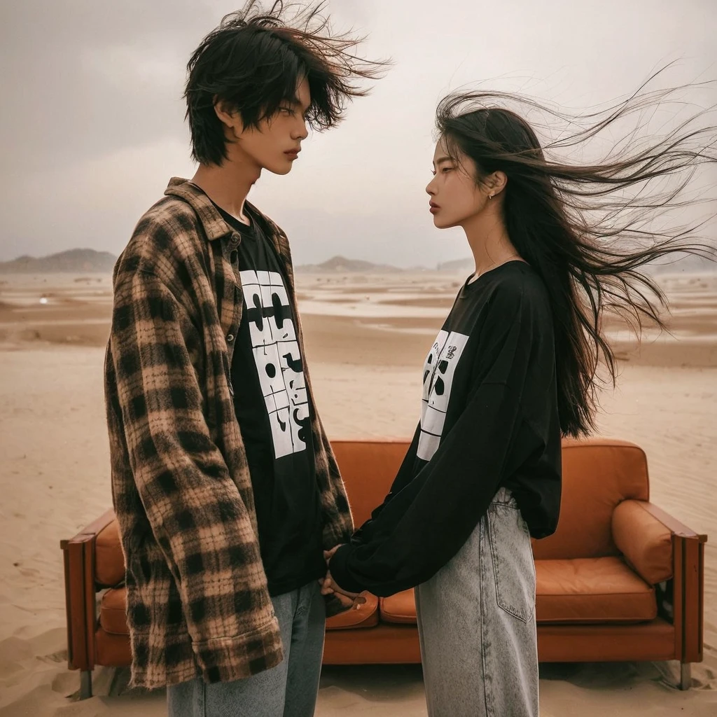 Photo Nostalgia couple of Korean lover, a Korean man with short two block hair, wearing flannel shirts and loose black t-shirts with puzzle text, long-haired Korean woman unraveled exposed to the wind wearing white canal clothes, standing on the sand, standing apart and holding hands, facing each other, strong wind gusts, background only wide desert, long sofa chair, dim light, high quality photos, accurate details, high resolution.