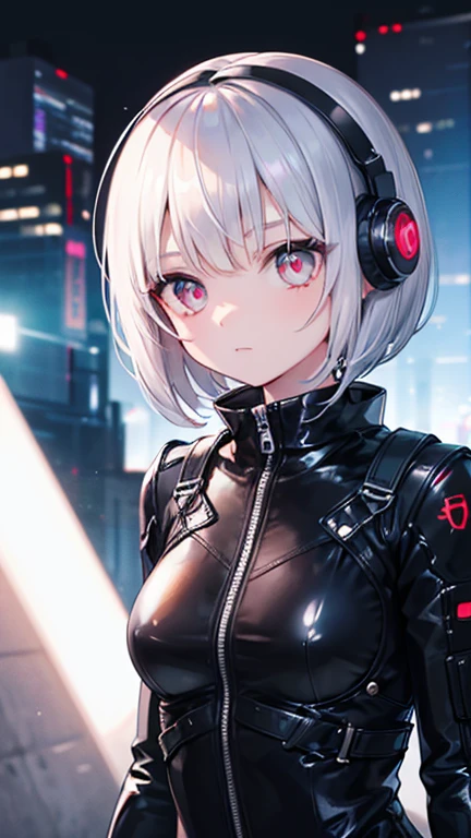 Silver Hair, bangs, Bobcut, Head-mounted display, Glowing Eyes,Sharp Eyes、 Textured skin, high quality, 最high quality, masterpiece, Sci-fi spies, Cyberpunk World, Functional bodysuit, beautiful girl, Shiny bodysuit, Girl in the dark, 6k, cute, The facial details are particularly rich., Perfect lighting, Fits perfectly to the skin, latex, White jumpsuit, moonlight, Shades, goddess