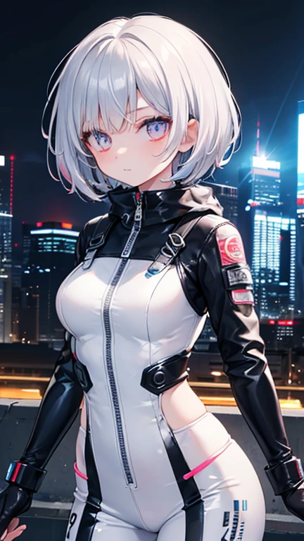 Silver Hair, bangs, Bobcut, Head-mounted display, Glowing Eyes,Sharp Eyes、 Textured skin, high quality, 最high quality, masterpiece, Sci-fi spies, Cyberpunk World, Functional bodysuit, beautiful girl, Shiny bodysuit, Girl in the dark, 6k, cute, The facial details are particularly rich., Perfect lighting, Fits perfectly to the skin, latex, White jumpsuit, moonlight, Shades, goddess