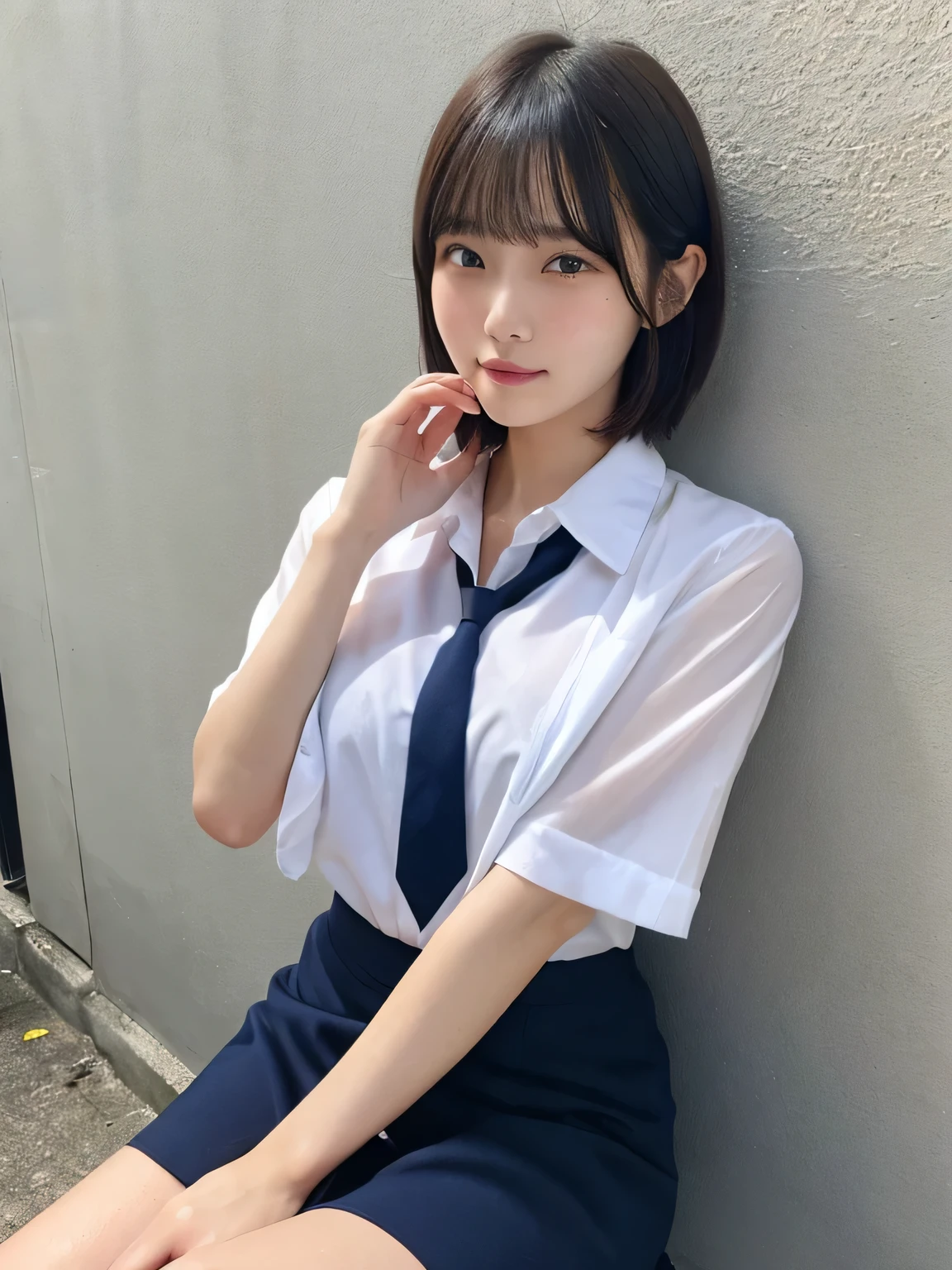 Japanese Girls、、Short Hair、Blonde、bangs、Brown eyes、Short Bob Cut、Perfect figure、Transparency、Gloss、Glosodest chest、、Navy blue tie、White shirt、Navy Blue Skirt、Hirotake、Burning Body、Gravure idol pose、Light blue wall、Beautiful legs、Strong sunlight、dirty、雨にWet体、Wet