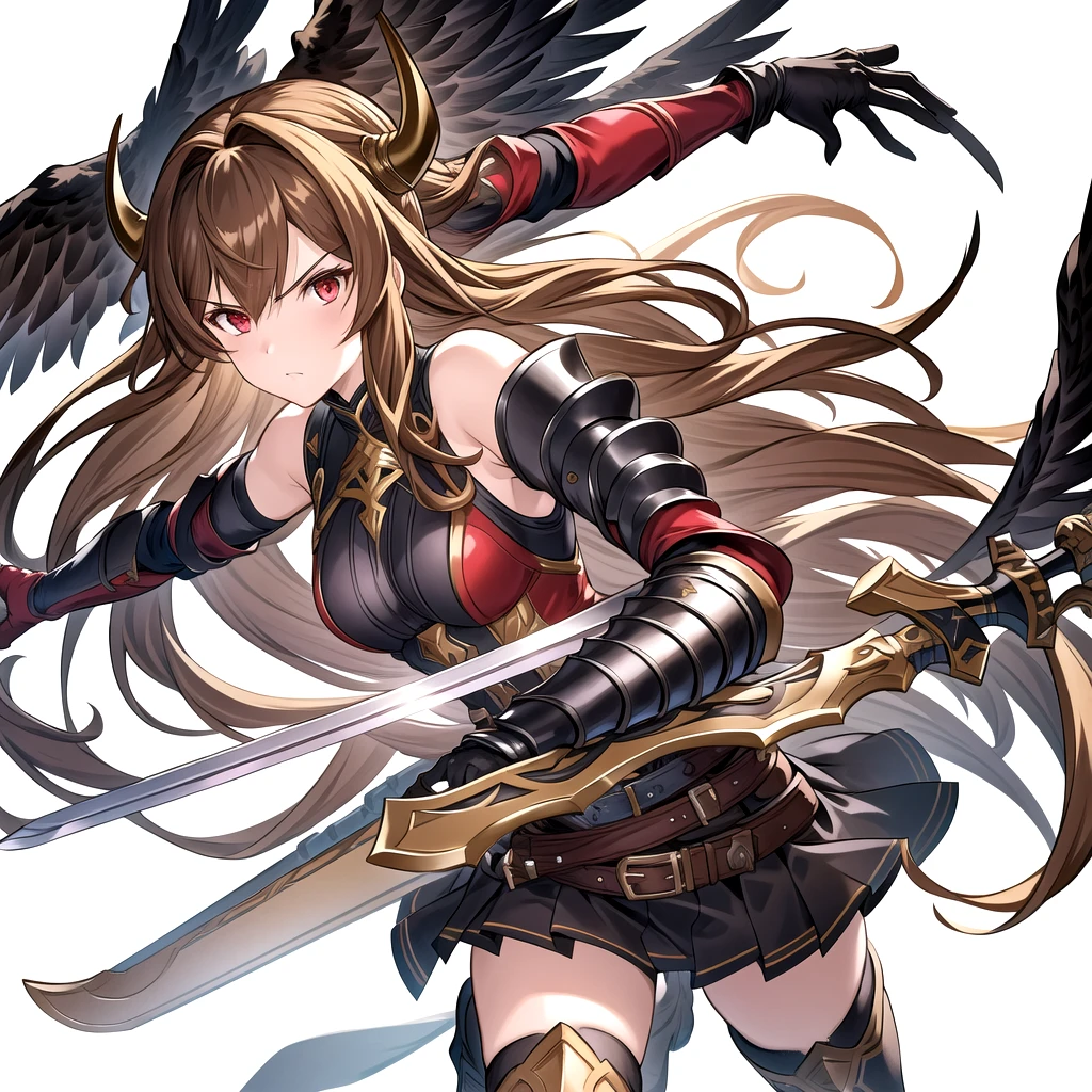 Threatened, (((One girl))),One girl, alone, Long Hair, arms, wing, Black background, sword, Knee socks, Holding, armor, skirt, hair ornaments, gloves, boots, horn, feathered wing, Holding arms, feather, Two-Way, black skirt, Red eyes, black gloves, Blonde, whole body, belt, Bare shoulders, thigh boots, Brown Hair, Holding sword, elbow gloves, Gauntlet, [(White Background:1.5),::5] (isometric:1.0), Double exposure, bubble,
Mid Shot, whole body,masterpiece, Highest quality,(colorful),(Beautifully detailed eyes and face),Cinema Lighting,Highly detailed CG Unity 8k wallpaper