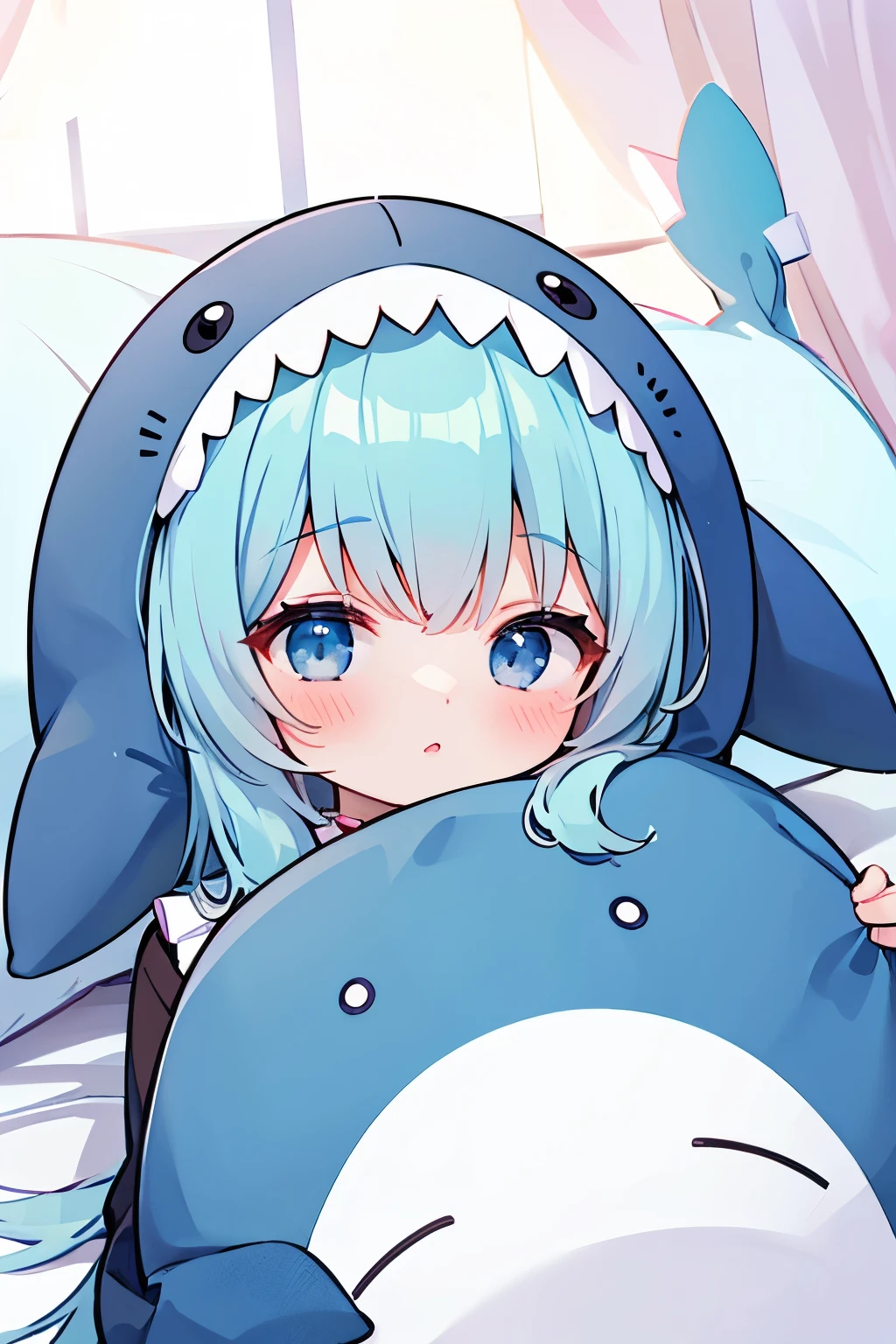 (Highest quality:1.2)。One Girl。 girl。Wearing a shark costume。Holding a large pillow。Sleepy face。The background is a bedroom lit by soft light.。