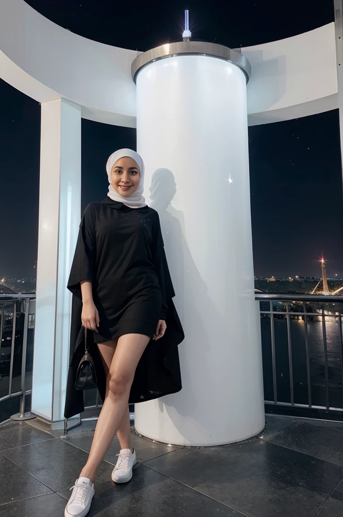 a woman wearing a hijab, wearing elegant modern casual clothes, on the side of the menara Eiffel with neon.on a beautiful night full of stars. facing forward and smiling. wearing white shoes