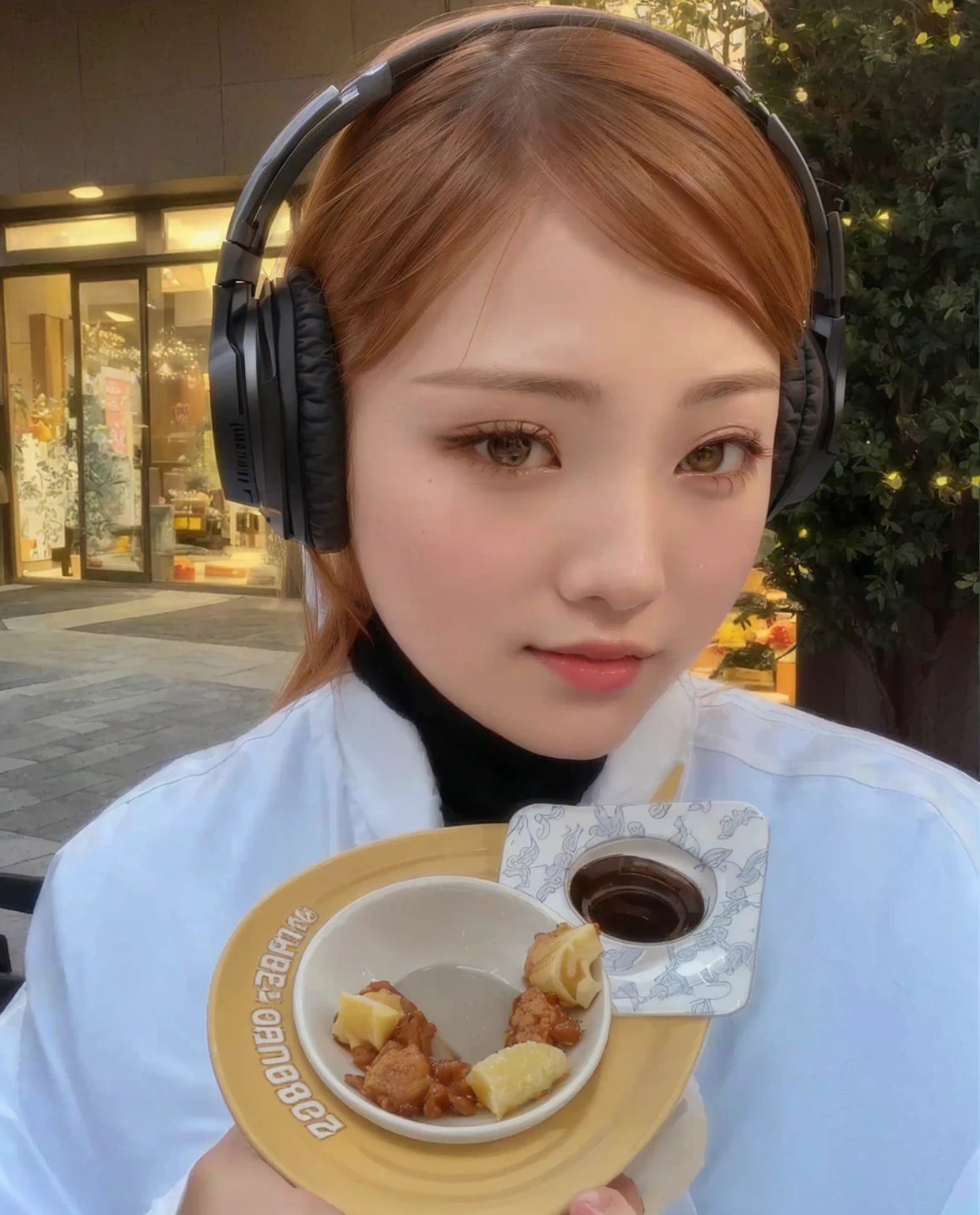 there is a woman with headphones holding a plate of food, deayam to whom, beautiful dolphin, chiho, ayaka, anime girl in real life, the hime cut, Chiho Ashima, Ayami Kojima Amano, motto hole, sakimi-chan, Ishida Sui, Yoshitomo Nara